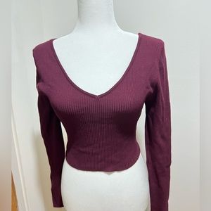 Love Tree Burgundy Double V Long Sleeve Ribbed Crop Top NWOT